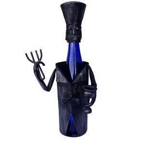 Metal Wine Bottle Caddy Chef with Fork and Chalice Silver Tone